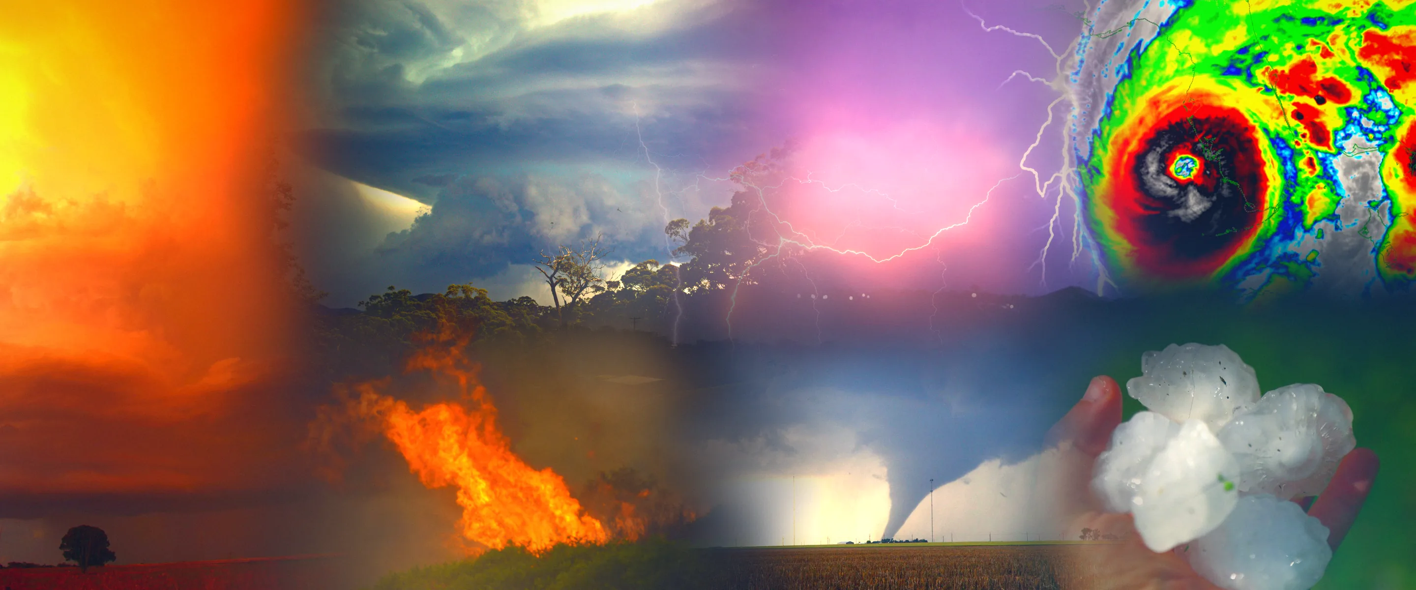 A wall cloud, lightning, a cyclone eye, a bushfire, a tornado and giant hail blended into one stormy scene