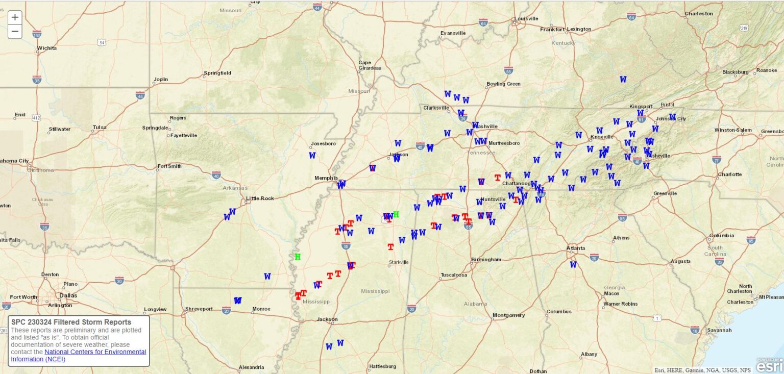 NASA image of destructive Mississippi (USA) Tornado path near Winona ...