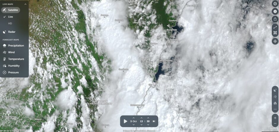 Zoom Earth NASA - The narrow line of storms that I was chasing from Goulburn to Mittagong during the afternoon.